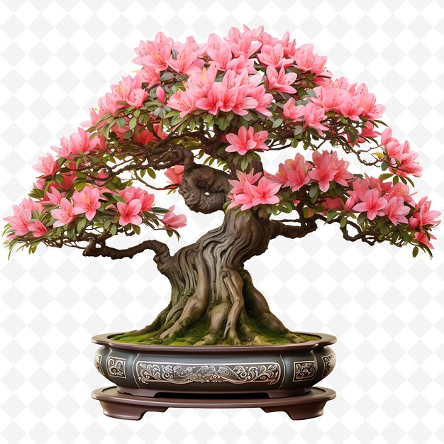 PSD png azalea bonsai arbre pot antique à feuilles elliptiques vibrant le décor d'arbres divers transparents