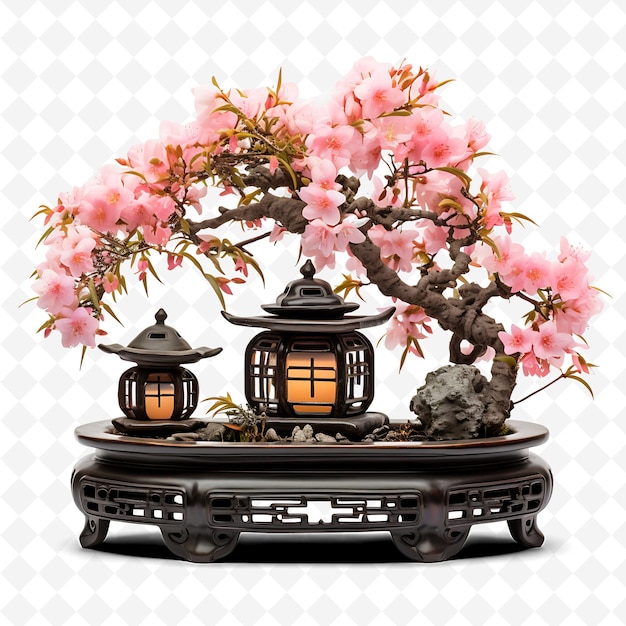 PSD png azalea bonsai olla de cerámica hojas ovaladas flor de cerezo deleite transparente decoración de árboles diversos