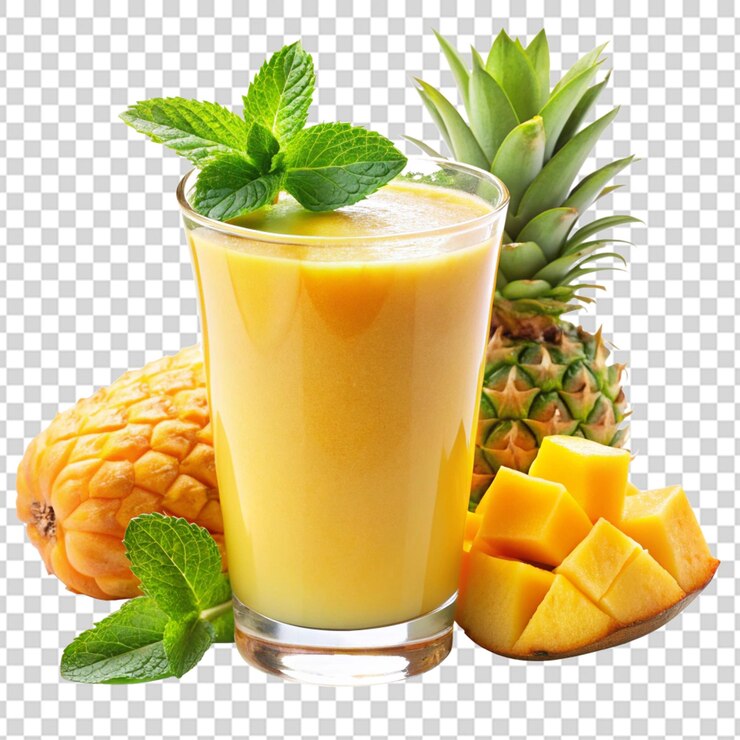 PSD png de un batido tropical en un vaso con una pajita adornada con una rebanada de piña