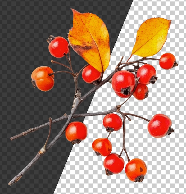 PSD png bayas rojas brillantes en una rama con hojas de otoño