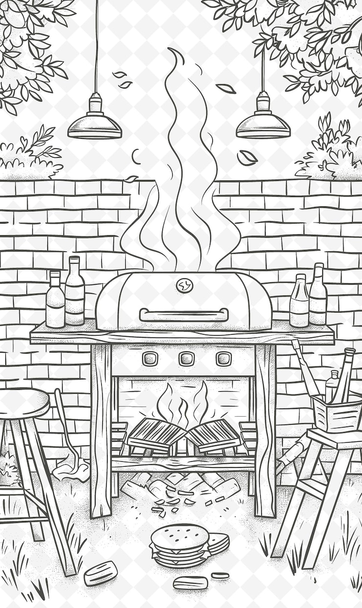 PSD png bbq invitation postcard design con cornice di cortile stile des outline arts scribble decorative