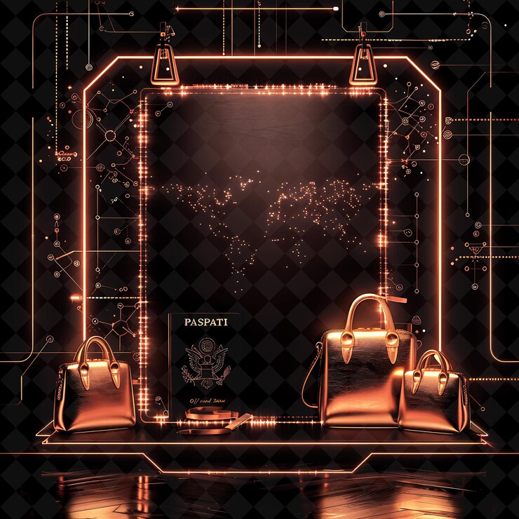 PSD png beaming circuit frame exhibiendo estelar con bolso de lujo y2k forma de neón en fondo oscuro
