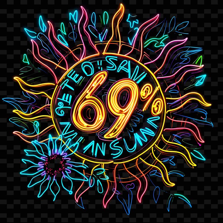 PSD png beaming neon iridescence de 69 texto con una idea de decoración única de neon sunshine yel