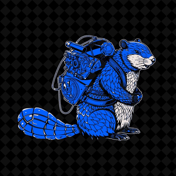 PSD png beaver juguetón con una cola mecánica y un engranaje lleno de retroceso vector de contorno de mascota animal