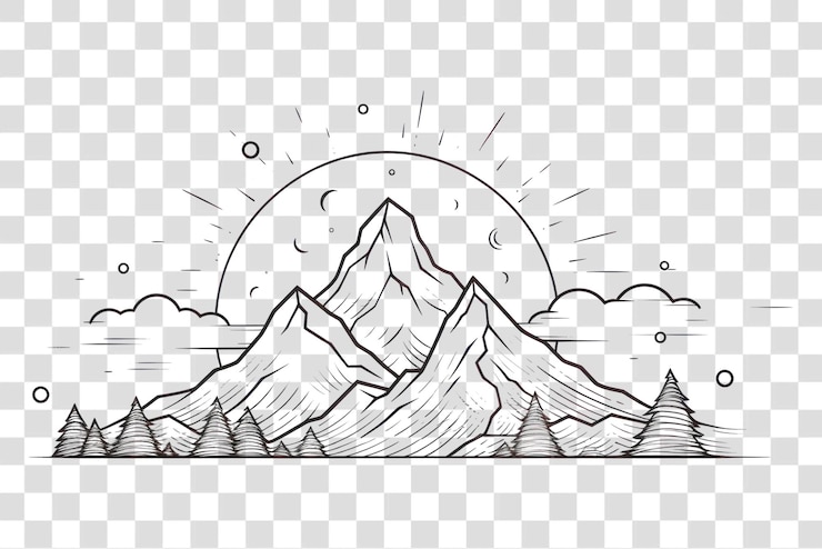 PSD png berg- und sonnenskizze im freien zeichnung