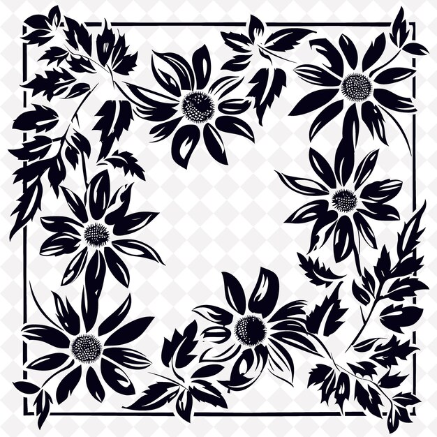 Png black eyed susan arte folclórico con pétalos y hojas para decoración ilustración contorno decoración del marco