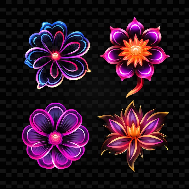 PSD png blumen-ikonen-emoji mit blühenden, lebendigen und schönen expres-neonlinien y2k-form, die das auge fangen