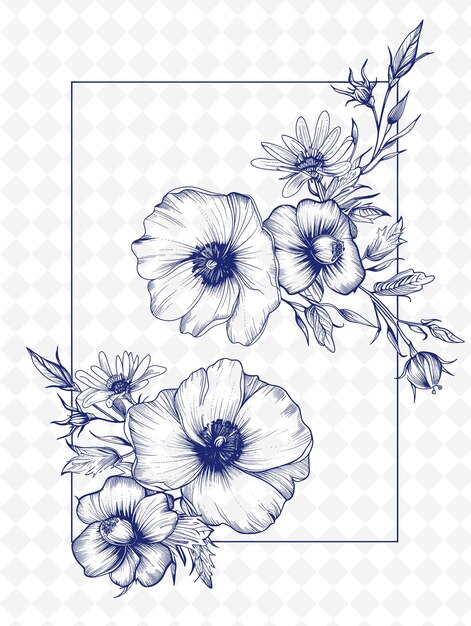 PSD png blumen-postkarten-design mit botanischem rahmen stil komplett konturkunst scribble dekorativ