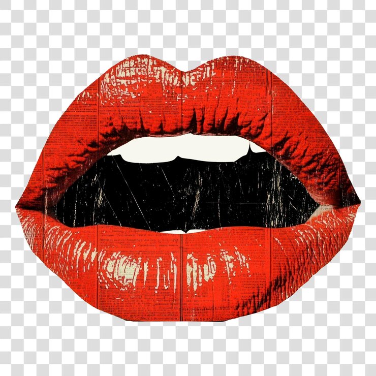 PSD png una boca hablando con lápiz labial rojo collage de textura de periódico