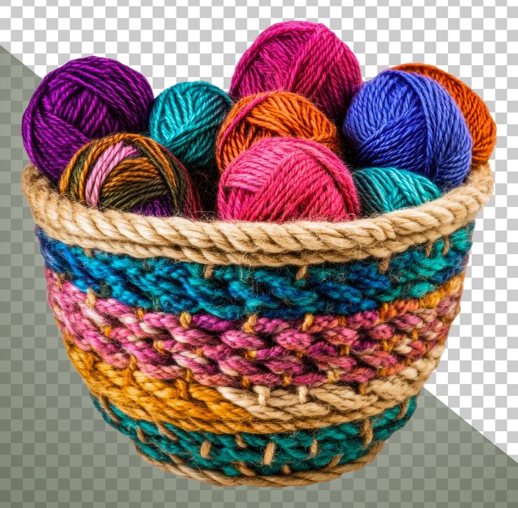 PSD png bolas de hilo de colores en una canasta decorativa tejida