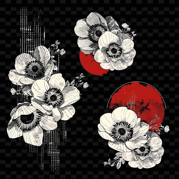 PSD png bold anemone flowers borderlines diseño con estampados japoneses ilustración colecciones abstractas