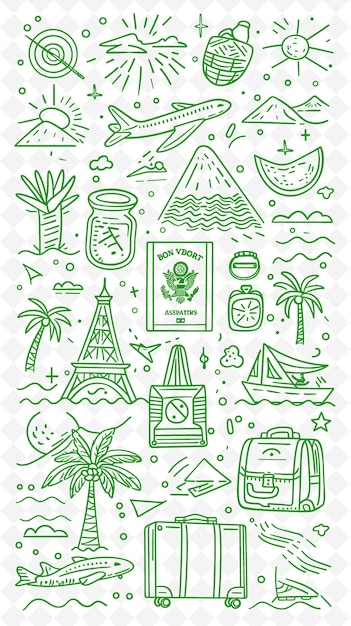 PSD png bon voyage desenho de cartão postal com tema de viagem quadro estilo de outline arts scribble decorative