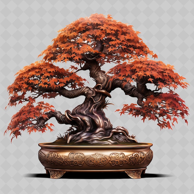 PSD png bonsai d'érable japonais pot de bronze feuilles de palmier décor d'arbres divers transparents antiques