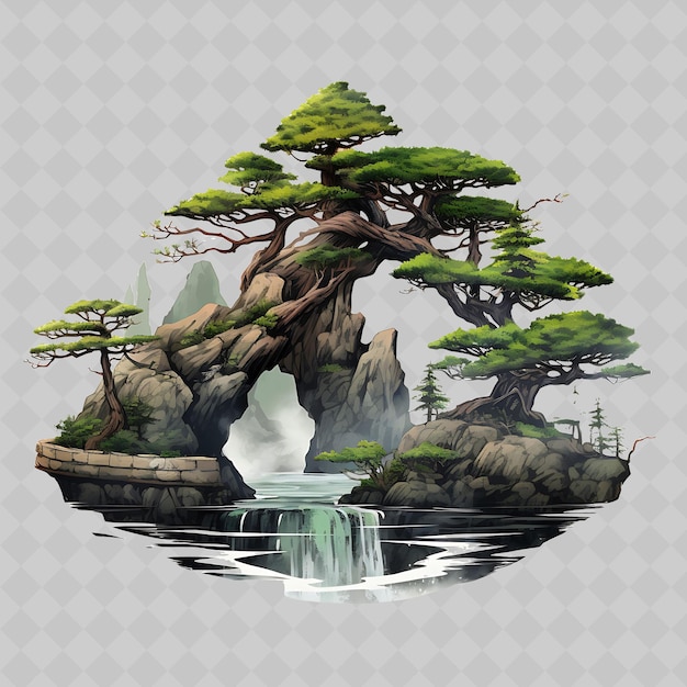 PSD png bonsai de pin pot en bois aiguille comme des feuilles paysage de montagne transparent décor d'arbres divers