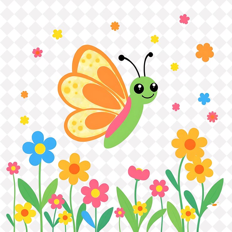 PSD png borboleta alegre com formas de flores espalhadas como um jardim encantando um desenho de animal bonito