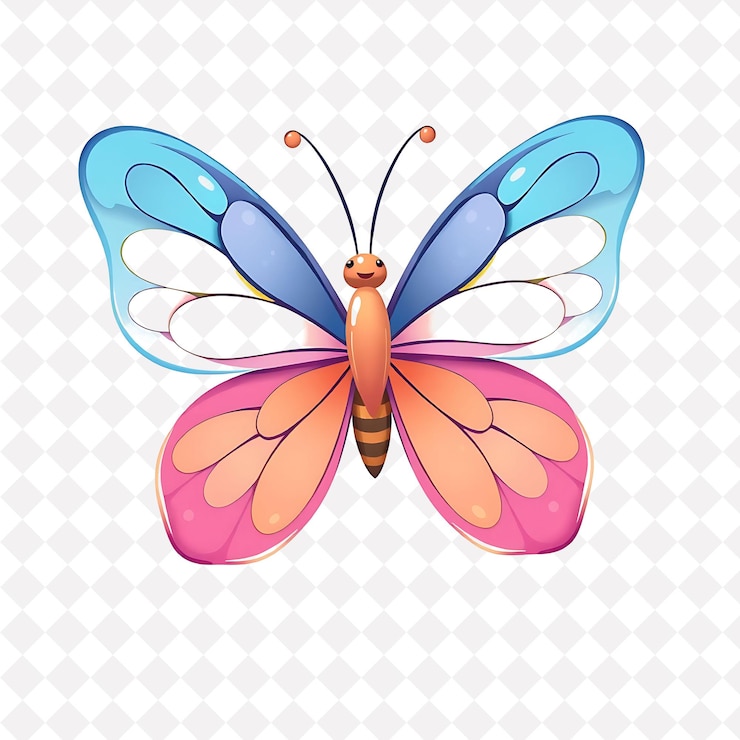 PSD png borboleta alegre com formas de pétalas de flores dispostas como um redemoinho encha desenho animal bonito