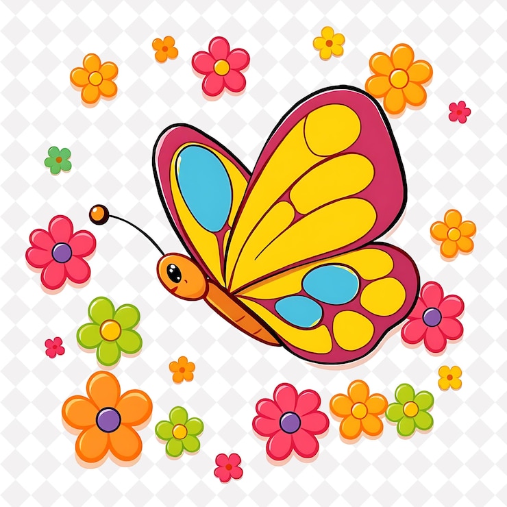 PSD png borboleta excitada com formas de pétalas de flores espalhadas aleatoriamente desenho animal vibrante e bonito