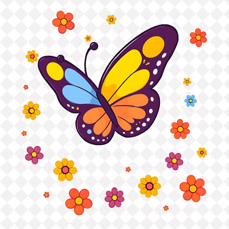 PSD png borboleta excitada com formas de pétalas de flores espalhadas aleatoriamente desenho animal vibrante e bonito