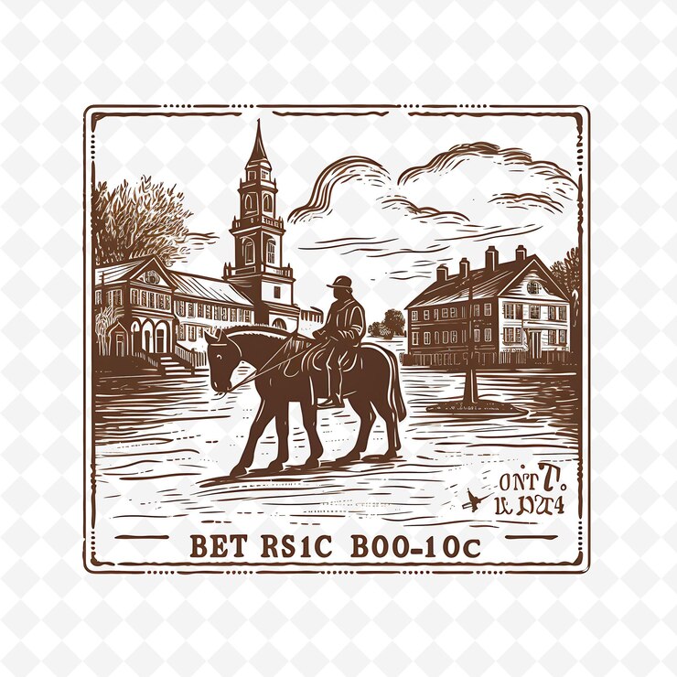 PSD png boston con color marrón monocromo estatua de paul revere y paisajes de acuarela dibujados a mano