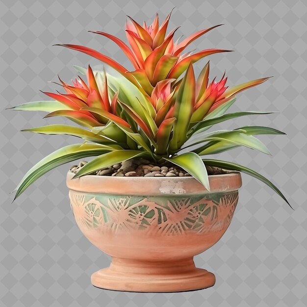 Png bromeliad en olla de terracota en base de piedra con árbol interior de color verde en un fondo limpio