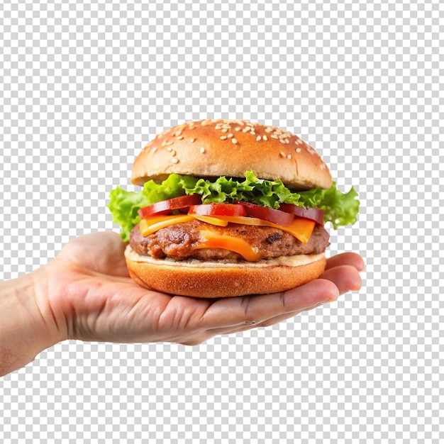 PNG burger genggam tangan yang diisolasi dengan latar belakang putih