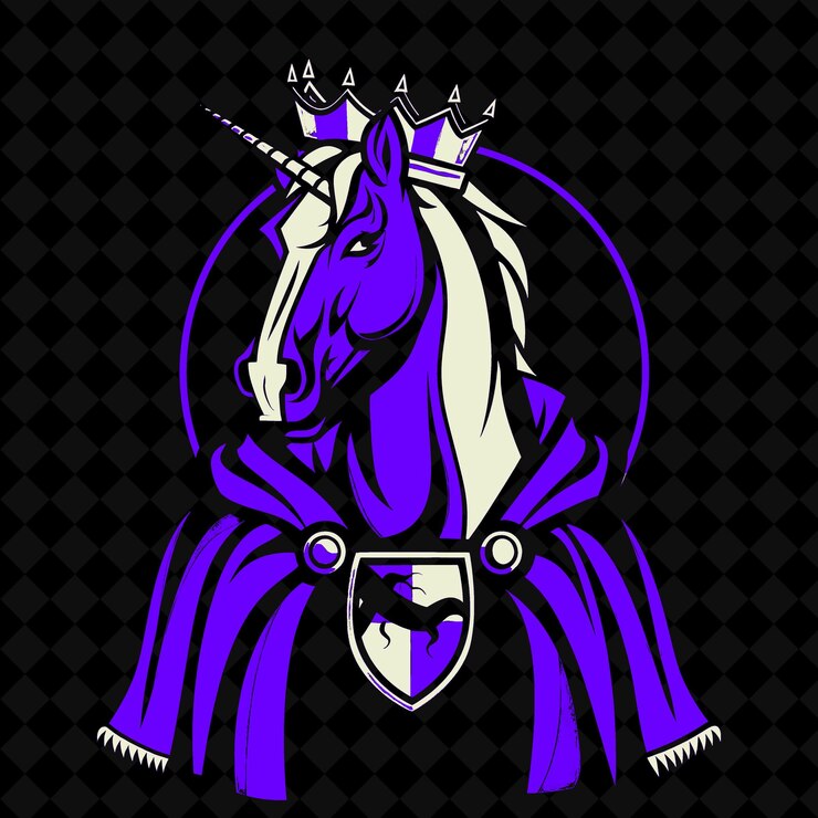 PSD png caballo de cría con una corona de reyes medieval y una capa diseñada vector de contorno de mascota animal