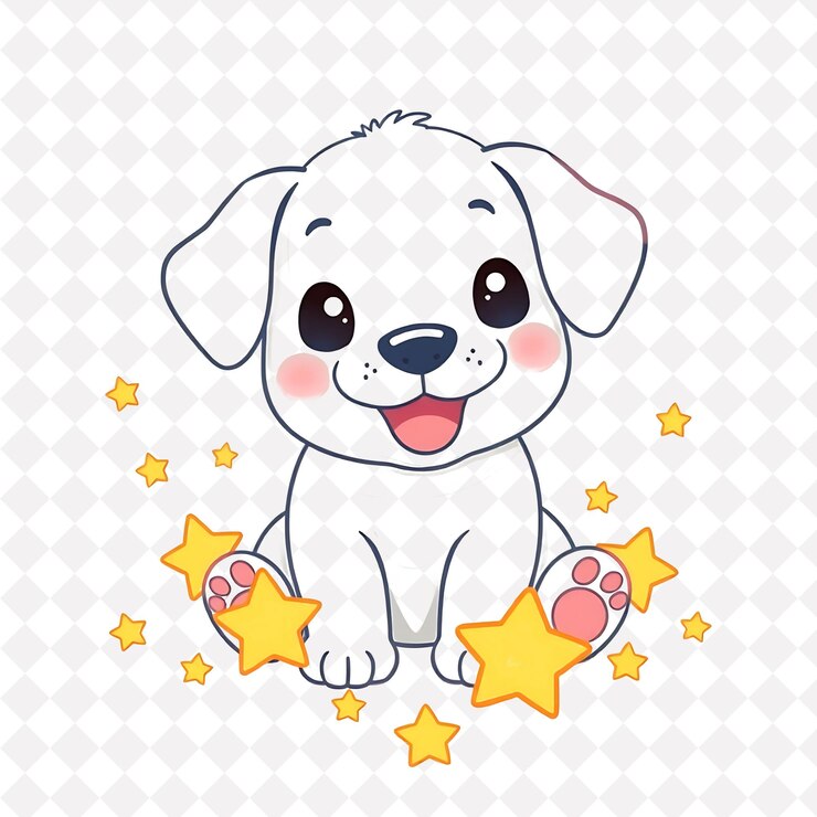 PSD png cachorro alegre con formas de estrellas esparcidas al azar en primer plano soft pas diseño animal lindo