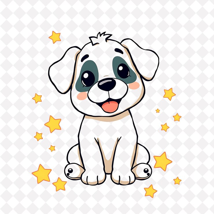 PSD png cachorro alegre con formas de estrellas esparcidas al azar en primer plano soft pas diseño animal lindo