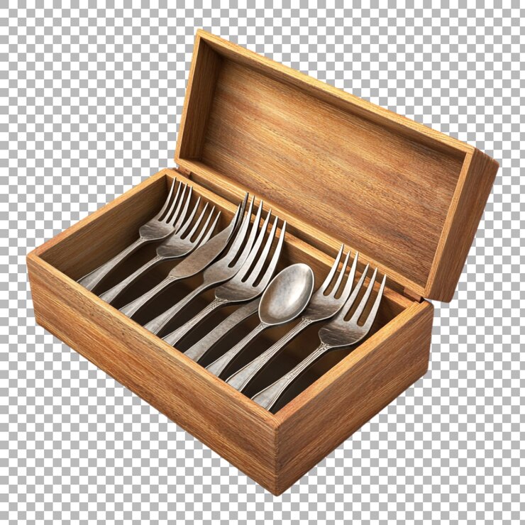 PSD png de una caja de madera que contiene tenedores y una cuchara en el interior contra un fondo transparente