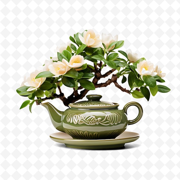 PSD png camellia bonsai pot en céramique feuilles ovales concept de cérémonie du thé décor d'arbres transparents divers