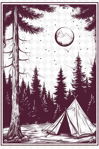 PSD png camping-postkarten-design mit outdoorsy-rahmen-stil-design de outline arts scribble dekorativ