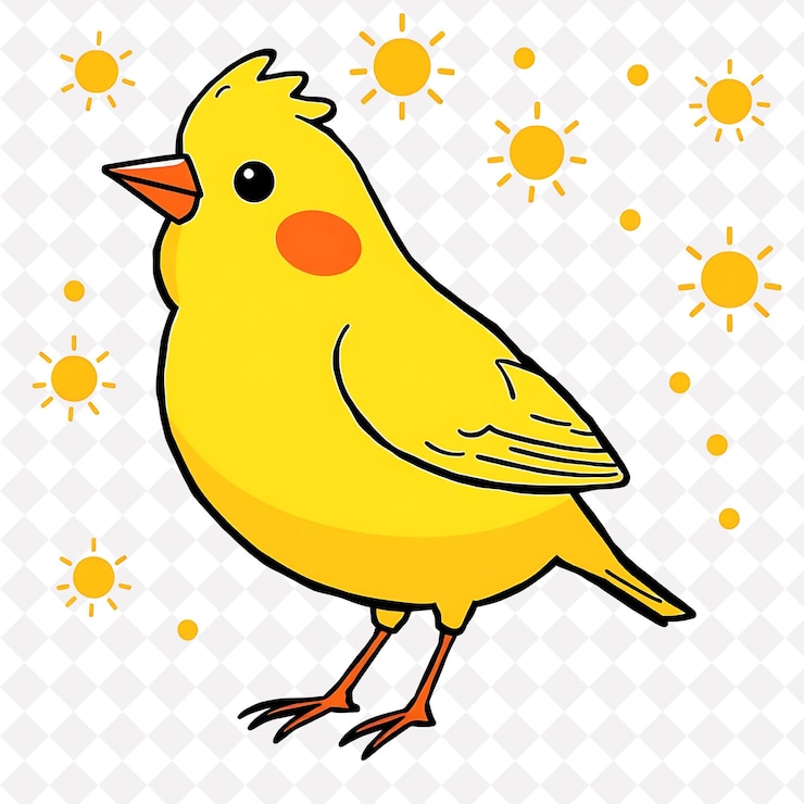PSD png canario encantado con formas de sol esparcidas en el fondo diseño animal cálido y lindo