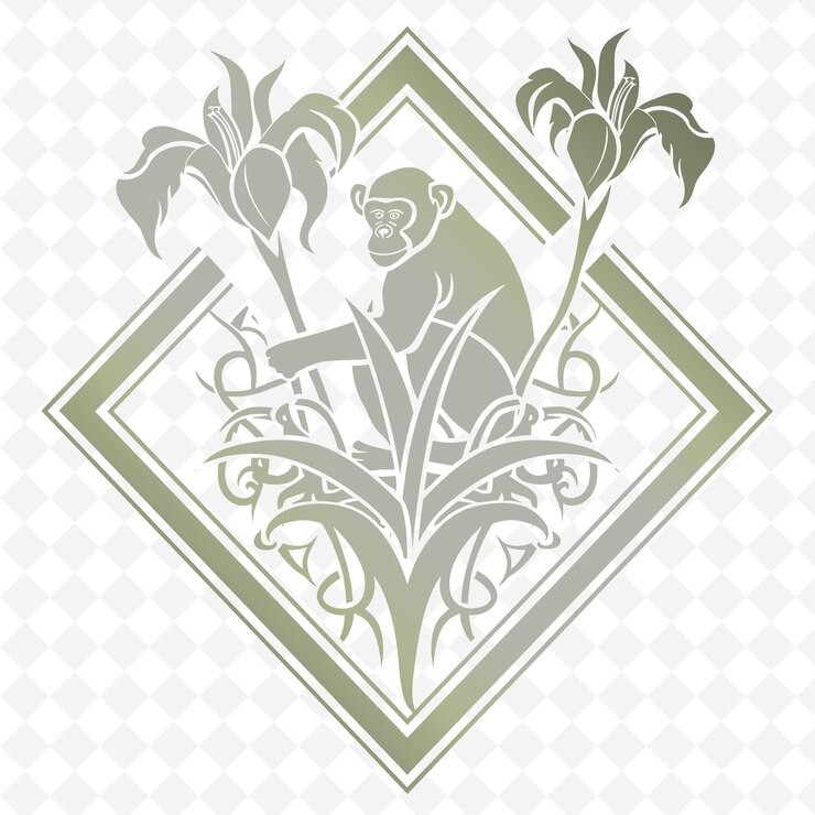 PSD png canna lily con silueta de mono y diseño abstracto con contorno m animal y hoja tropical