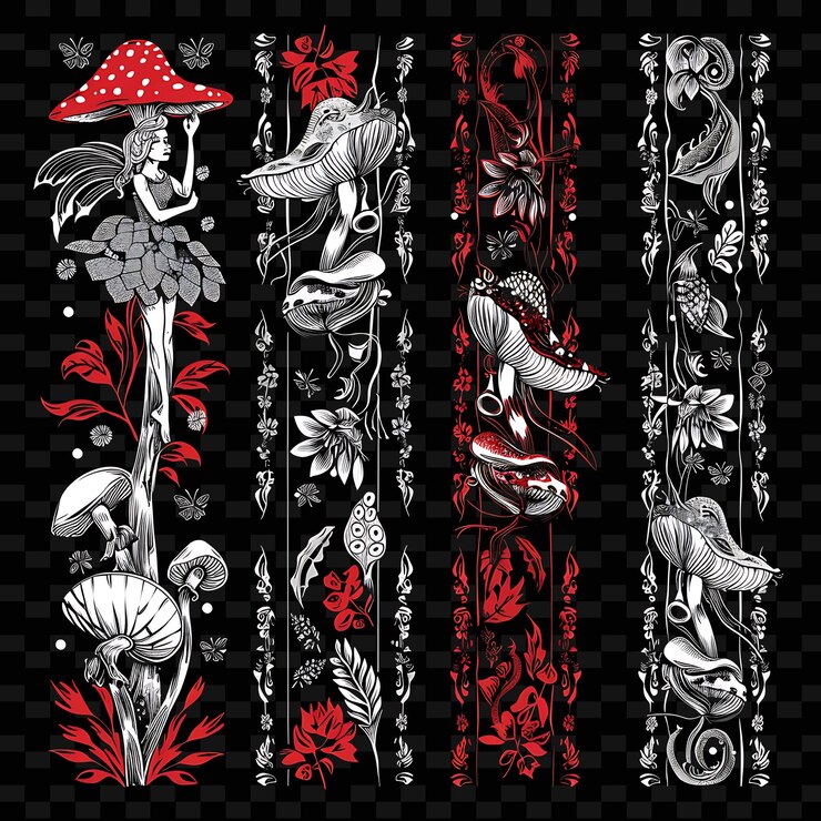 PSD png caprichosas hadas del jardín diseño de líneas fronterizas con toadstool motilustración colecciones abstractas