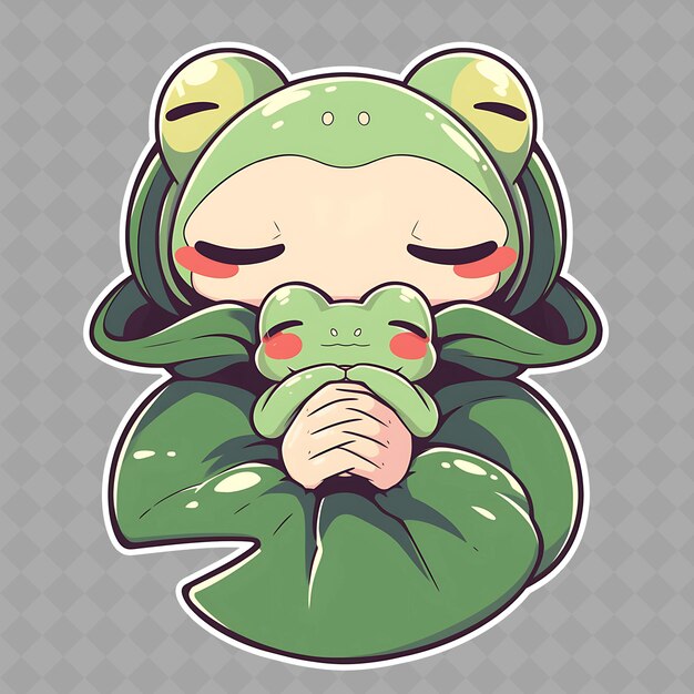 PSD png captivant et kawaii anime frog boy avec les yeux de grenouille et la collection d'autocollants chibi créatifs de hol