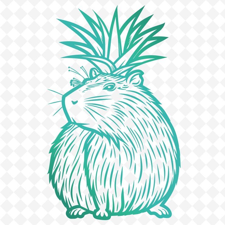 PSD png capybara contorno con corona de piña de bromelia y simplificar el contorno de animales y hojas tropicales