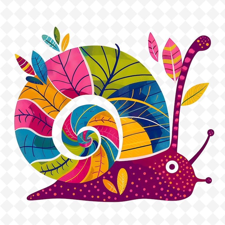 PSD png caracol alegre con patrones de hojas esparcidos al azar jardín i ilustración plana carácter lindo