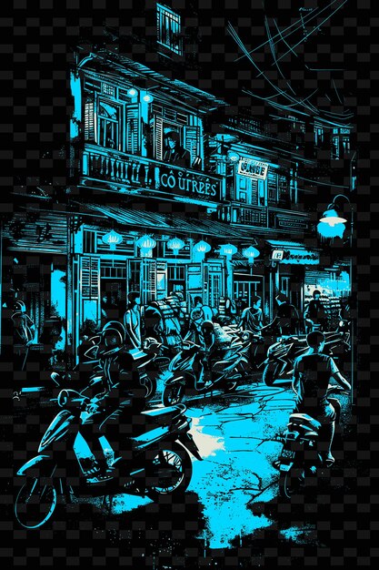 Png el casco antiguo de hanoi con la escena tradicional de la calle motocicletas ilustración escena de la ciudad decoración artística