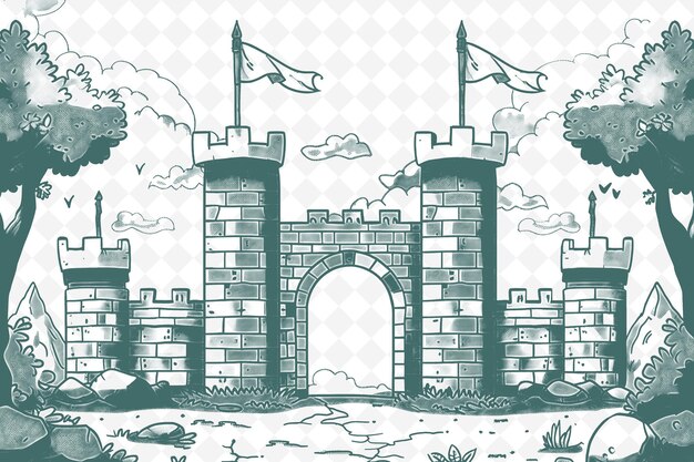 PSD png castle tower frame art mit flagge und zugbrücke dekorationen illustration frame art dekorativ