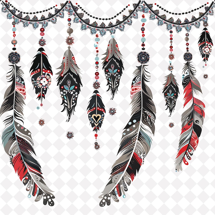 PSD png chaîne de plumes attacher avec des perles design aux frontières avec la nature créative design art