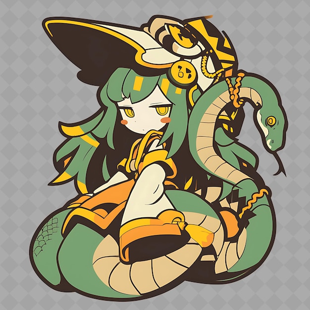 PSD png charmante et kawaii anime fille de serpent avec queue de serpent et collection d'autocollants chibi créatifs de wea