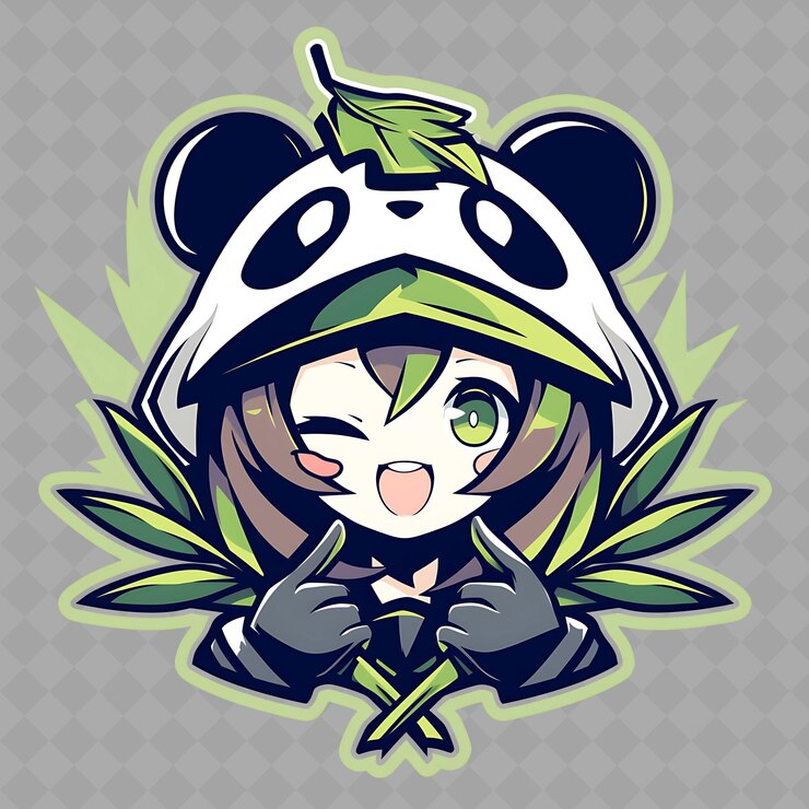 PSD png charming y kawaii anime chica panda con un sombrero de hoja de bambú colección de pegatinas creativas de chibi