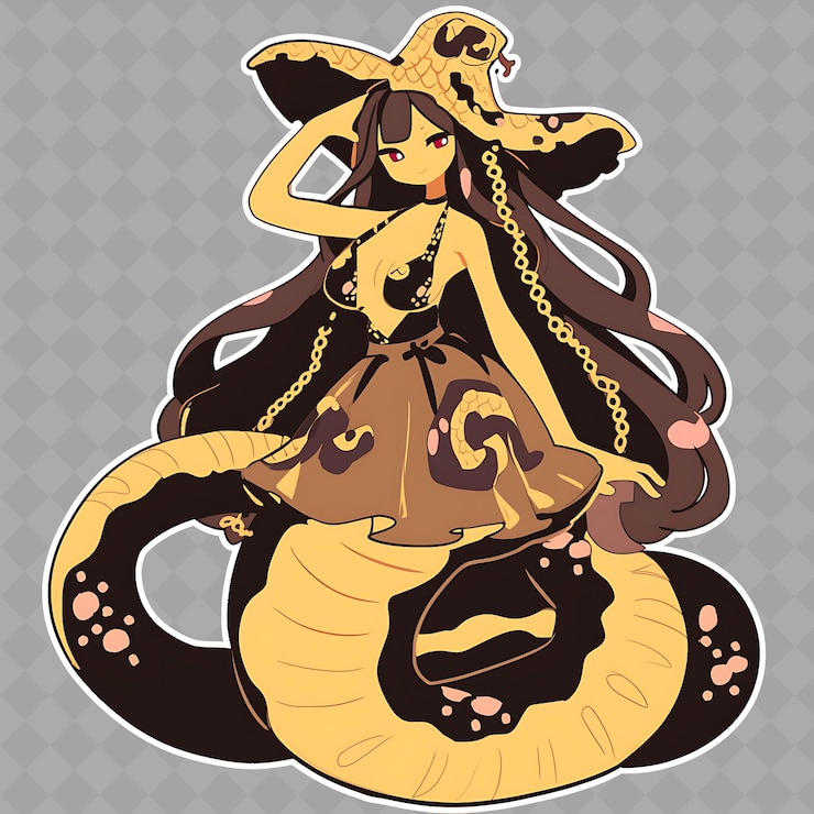 PSD png charming y kawaii anime niña serpiente con cola de serpiente y wea colección de pegatinas creativas de chibi