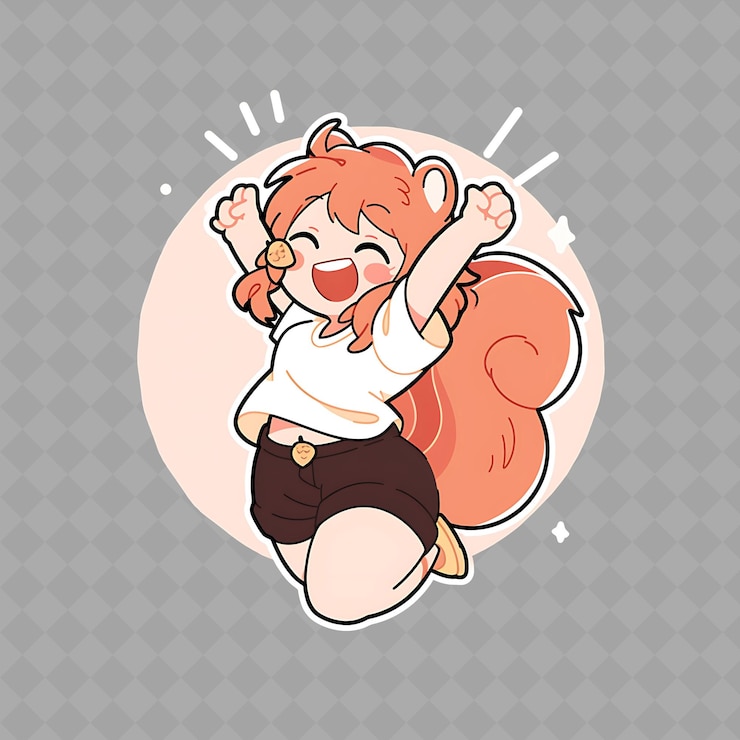 PSD png cheerful and bubbly anime squirrel girl with bushy tail and creative chibi sticker collection