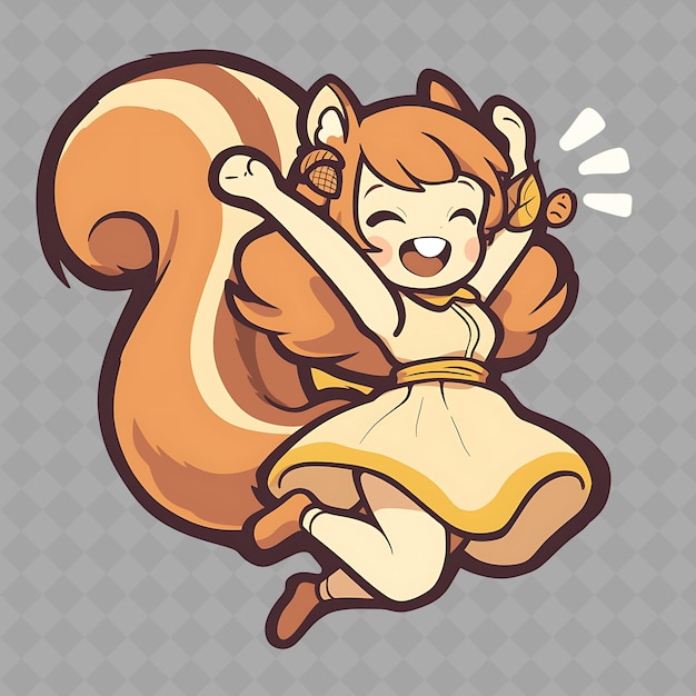 PSD png cheerful et bubbly anime squirrel girl avec une queue bouffante et une collection créative d'autocollants chibi