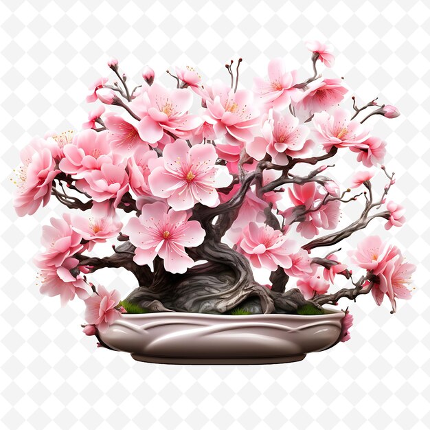 PSD png cherry blossom bonsai arbre pot d'argile feuilles dentelées sakura i décor d'arbres divers et transparents