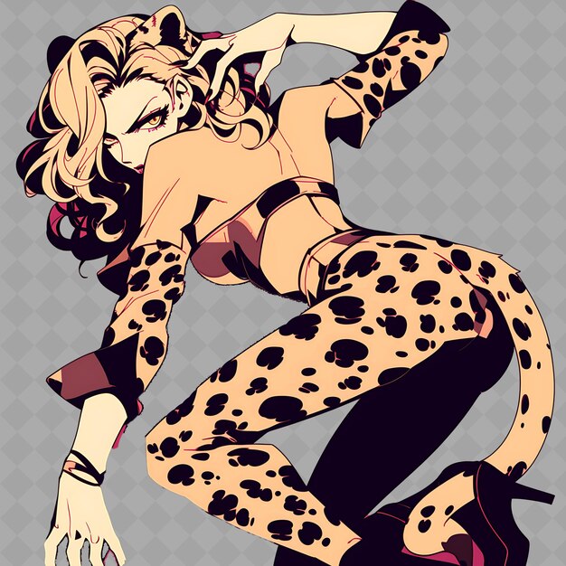 PSD png chic e stylish anime leopard girl com manchas e uma coleção criativa de adesivos chibi de moda
