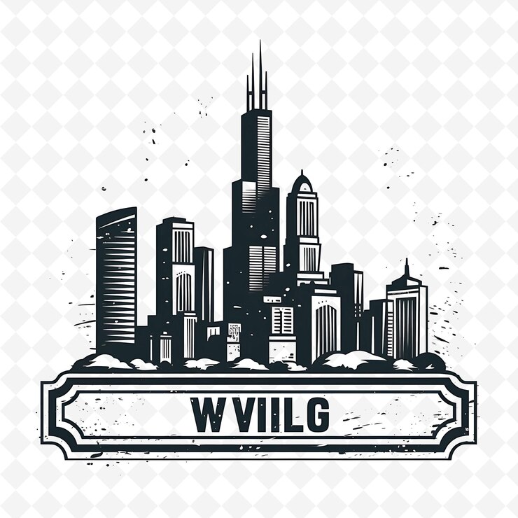 PSD png chicago com monochrome cinza cor willis torre e skyline paisagens de aquarela desenhadas à mão