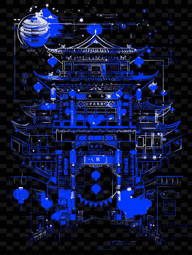 PSD png chinatown con escena cultural de la calle y ilustración tradicional de archite escena de la ciudad decoración artística