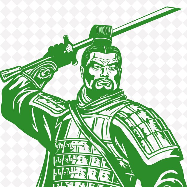 PSD png chinesischer terrakotta-krieger mit halberde ein stoischer ausdruck mittelalterlicher krieger charakterform